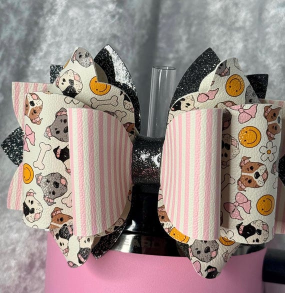Happy Faces and Dogs Pink Stripe Tumbler Bow