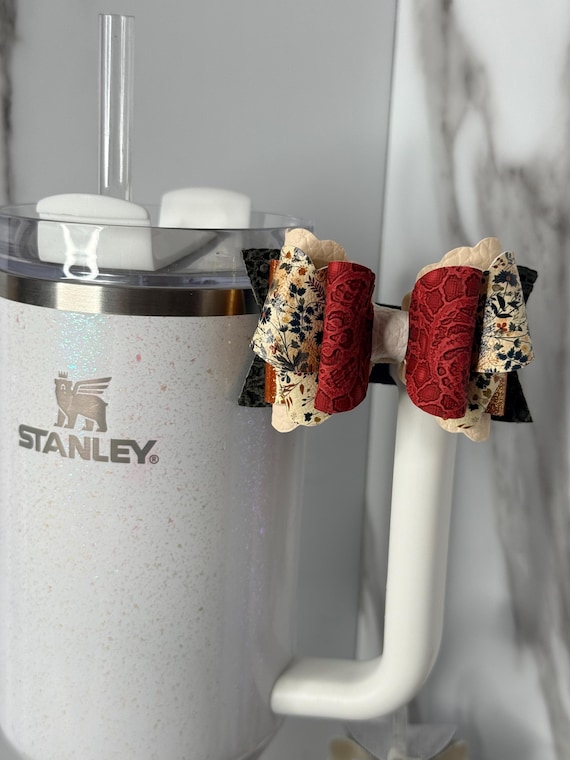 Floral Tumbler Bow | Burgundy & Cream Faux Leather Cup Accessory