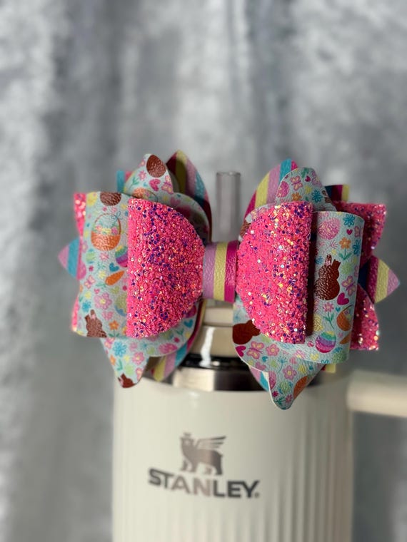 Easter Baskets and Chocolate Bunnies Pink Glitter Tumbler Bow