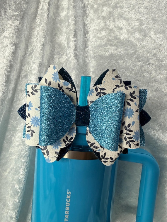 Blue Flowers and teal glitter tumbler bow