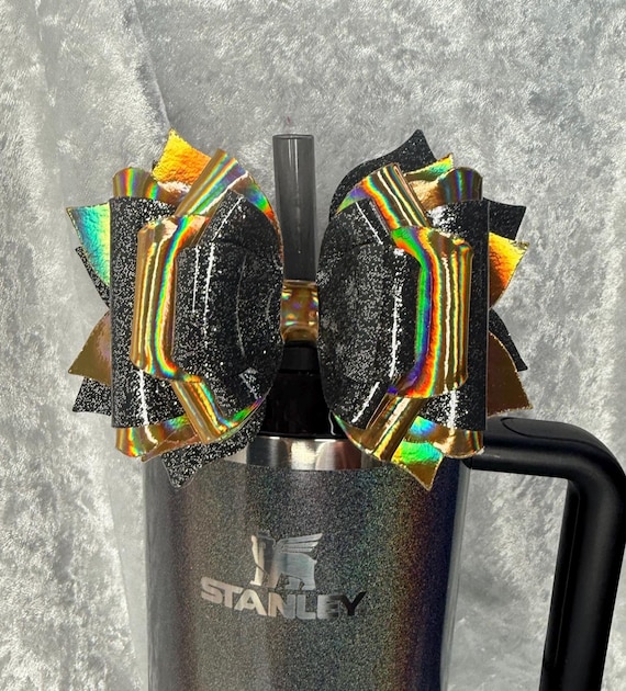 Holographic Gold & Black Glitter Tumbler Handle Bow | Stanley Cup Bow Accessory