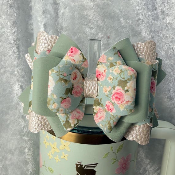 Spring Floral Sage Green and Beige Tumbler Bow