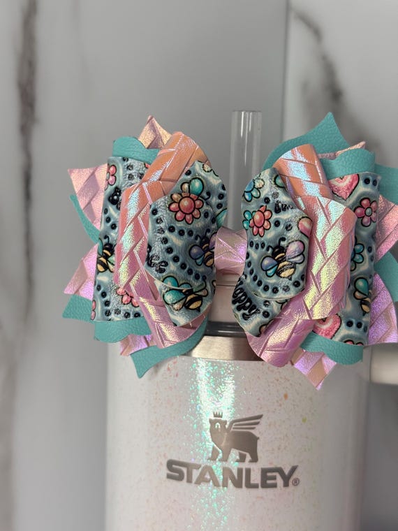 Bee Happy Boho Tumbler Bow | Retro Bumblebee Flower Power Cup Bow | Stanley Straw Topper