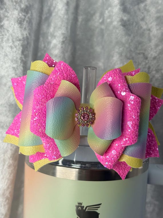 Pastel Rainbow and pink glitter Tumbler Bow