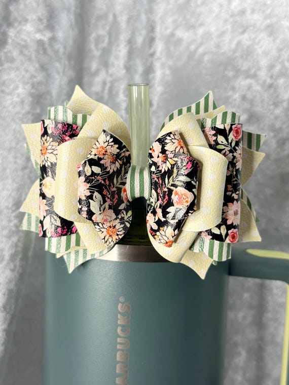 Black Floral Tumbler Bow with Green Stripe | Elegant Cup Bow Accessory | Handmade Straw Topper