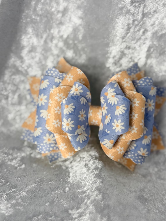 Blue Yellow Daisy Faux Leather Bow | Floral Stanley Cup Straw Topper