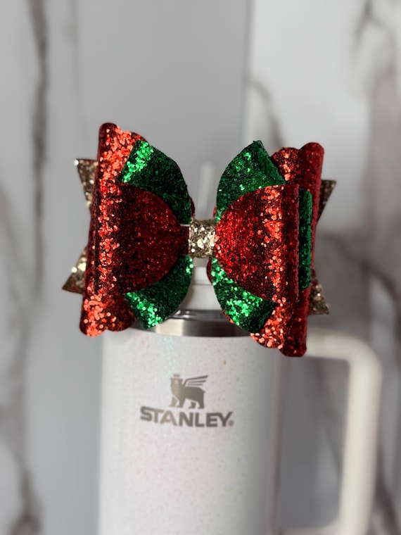Christmas Glitter Tumbler Bow • Red, Green & Gold Stanley Cup Accessory