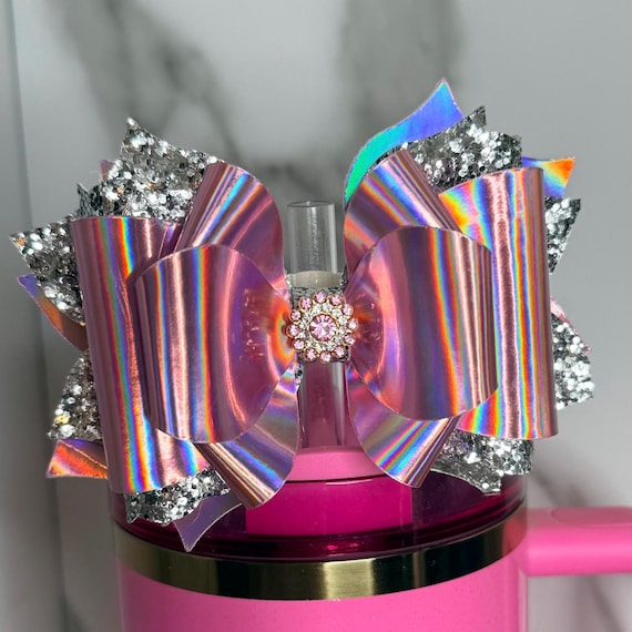 Pink Holographic Tumbler Bow – Iridescent Faux Leather Stanley Cup Accessory with Sparkly Rhinestone Center