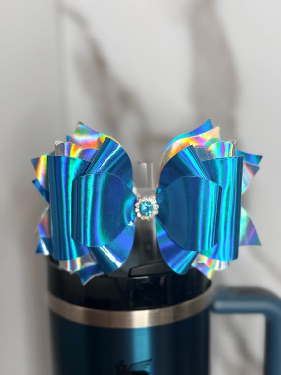 Blue Holographic Tumbler Bow – Iridescent Faux Leather Stanley Cup Accessory with Rhinestone Center