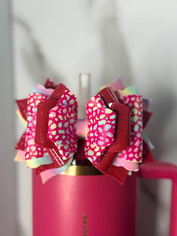 Neon Pink Leopard Print Rainbow Bow