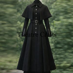Victorian-Style Steampunk Coat | Gothic Cape | Fashion Black Wool Coat | Gothic Victorian coat, Steampunk coat women, Historical costume coat, Black coat with capelet, Stage theatre coat, Women's Inverness cape, Fit and flare wool coat, Elegant long cloak overcoat, Gothic Fashion Coat, Historical Costuming, Edwardian Style Coat