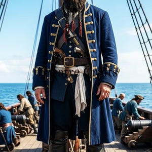 Op de afbeelding: Een lange marineblauwe jas met gouden biezen en knopen, gedragen over een bijpassend vest en broek. De outfit bevat een bruine leren riem met gesp, een witte stoffen sjerp en zwarte laarzen. Twee vuursteenpistolen zijn in de riem gestoken.