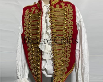 Men&#39;s Ceremonial Vest, Steampunk Style Vest, Military Army Waistcoat, Red / Gold Braiding Hussar Waistcoat, Fashion Vest By Theatre Crafts