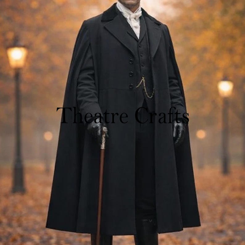 Victorian Gentleman Outfit, Inverness Cape Coat, Steampunk Men's Formalwear, Victorian Gentleman Outfit, Inverness Cape Coat, Steampunk Men's Formalwear, 19th Century Overcoat, Gothic Victorian Fashion, Handmade Victorian men's wool coat with cape, Authentic 19th-century style gentleman, Gothic vampire inspired formal winter coat, Period drama costume for men