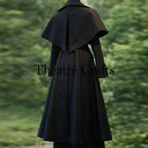 Victorian-Style Steampunk Coat | Gothic Cape | Fashion Black Wool Coat | Gothic Victorian coat, Steampunk coat women, Historical costume coat, Black coat with capelet, Stage theatre coat, Women's Inverness cape, Fit and flare wool coat, Elegant long cloak overcoat, Gothic Fashion Coat, Historical Costuming, Edwardian Style Coat Back side