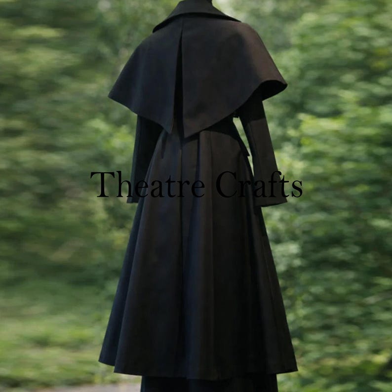 Victorian-Style Steampunk Coat | Gothic Cape | Fashion Black Wool Coat | Gothic Victorian coat, Steampunk coat women, Historical costume coat, Black coat with capelet, Stage theatre coat, Women's Inverness cape, Fit and flare wool coat, Elegant long cloak overcoat, Gothic Fashion Coat, Historical Costuming, Edwardian Style Coat Back side