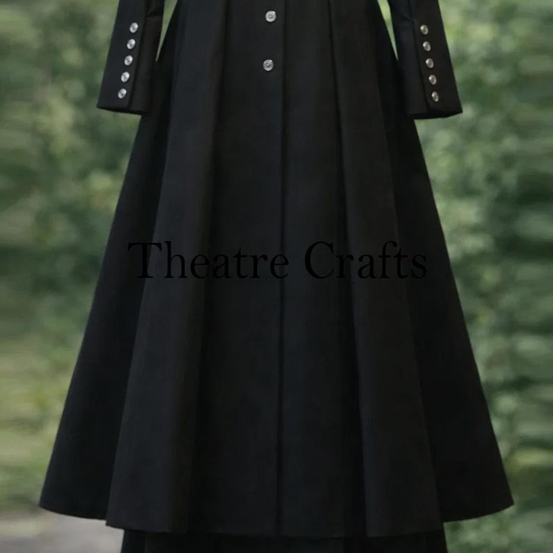 Victorian-Style Steampunk Coat | Gothic Cape | Fashion Black Wool Coat | Gothic Victorian coat, Steampunk coat women, Historical costume coat, Black coat with capelet, Stage theatre coat, Women's Inverness cape, Fit and flare wool coat, Elegant long cloak overcoat, Gothic Fashion Coat, Historical Costuming, Edwardian Style Coat Front side