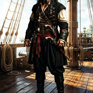 May include: A pirate costume featuring a black vest with gold buttons, a cream-coloured shirt, black trousers, and a red sash. The outfit includes a brown leather belt with two flintlock pistols tucked into the waistband and dark leather boots.