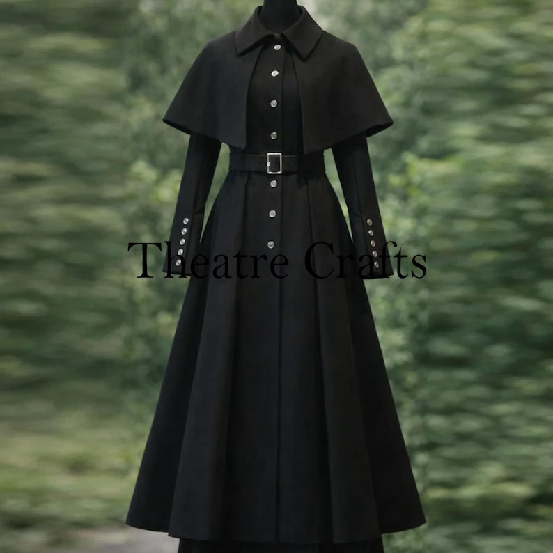 Victorian-Style Steampunk Coat | Gothic Cape | Fashion Black Wool Coat | Gothic Victorian coat, Steampunk coat women, Historical costume coat, Black coat with capelet, Stage theatre coat, Women's Inverness cape, Fit and flare wool coat, Elegant long cloak overcoat, Gothic Fashion Coat, Historical Costuming, Edwardian Style Coat