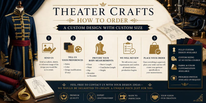 May include: An infographic titled THEATER CRAFTS HOW TO ORDER A CUSTOM DESIGN WITH CUSTOM SIZE. It features a navy blue military-style jacket on a mannequin, a five-step ordering process with icons, and a list of customization options for garments.