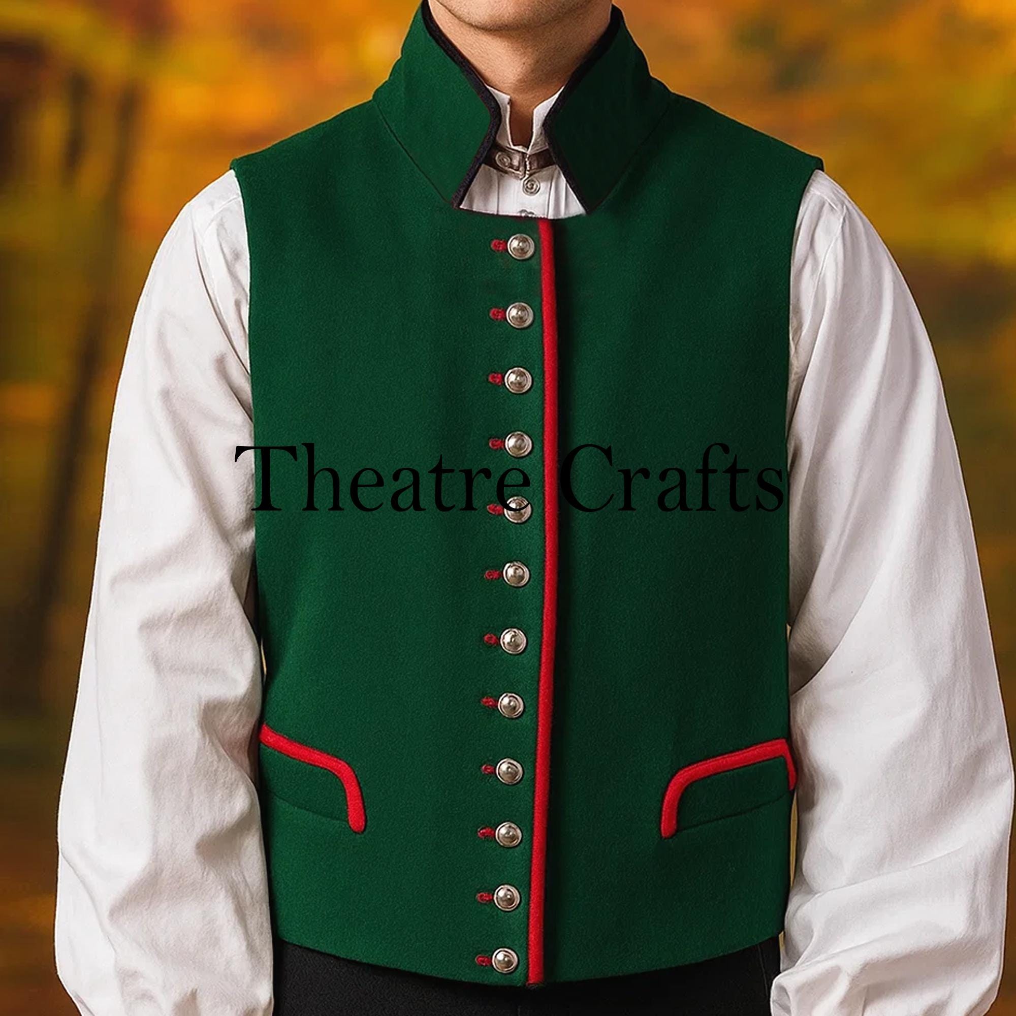 Traditional Folk Costume Men Vest: Bunad Fashion Cosplay Green Wool Waistcoat