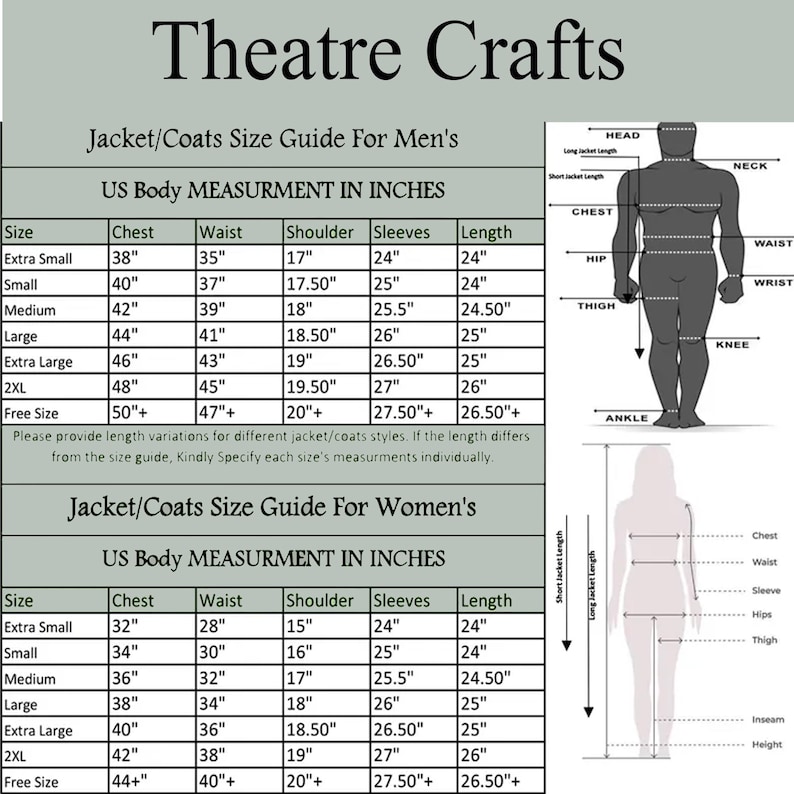 May include: A size guide chart titled Theatre Crafts featuring tables for jacket and coat measurements in inches for two body types. The chart includes columns for size, chest, waist, shoulder, sleeves, and length, alongside two human silhouettes.