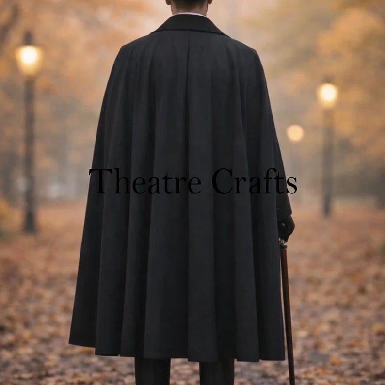 Victorian Gentleman Outfit, Inverness Cape Coat, Steampunk Men's Formalwear, Victorian Gentleman Outfit, Inverness Cape Coat, Steampunk Men's Formalwear, 19th Century Overcoat, Gothic Victorian Fashion, Handmade Victorian men's wool coat with cape, Authentic 19th-century style gentleman, Gothic vampire inspired formal winter coat, Period drama costume for men Back side