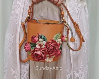 Flower Leather Barrel Bag Handcrafted Leather Crossbody with Detachable Strap for Phone & Essentials gift for her flower lover gift