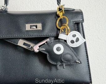 Halloween Leather Bag Charm Raven with Little Ghost Keychain Handmade Spooky Accessory Halloween Gift