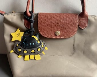Spaceship Leather Bag Charm Handmade Spaceship keychain Double-Sided Design goat leather Keychain Cosmic Star Pendant