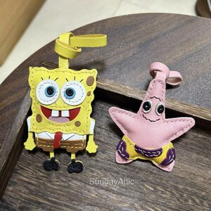 Skórzany brelok do torebki SpongeBob i Patrick Star, brelok do torebki i portfela, uroczy brelok z kreskówkową postacią, idealny dodatek, skórzany prezent, prezent dla niej