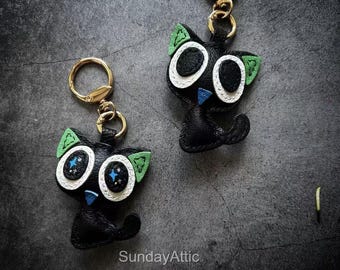 Black Cat Leather Bag Charm Handmade Leather Keychain Cute Cat Lover Gift handbag Purse Charm Cat Accessory Gift for her
