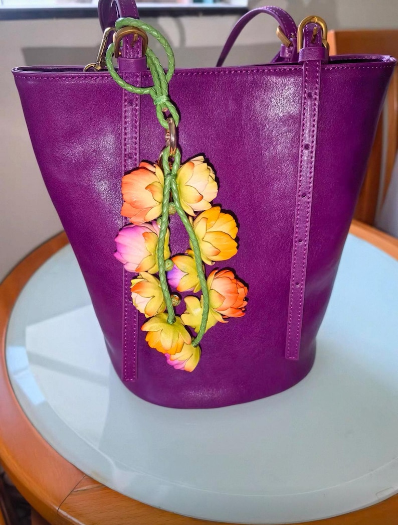 Flower Leather Bag Charm Handmade Leather Flower Necklace Handbag and Purse Charm Cute Flower Keychain Leather Gift Gift for her image 12