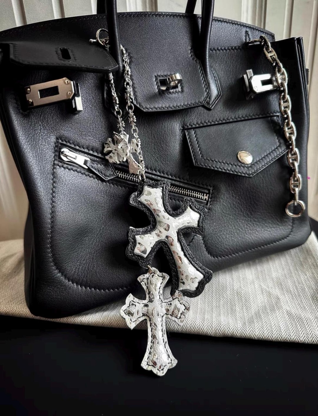 Gothic Cross Bag Charm Keychain Handmade Leather Purse Handbag