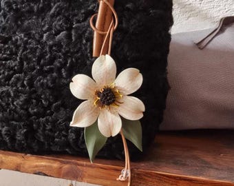 May include: Black textured tote bag with brown leather handles. A cream-colored flower with a dark center and green leaves hangs from the handle. The bag is sitting on a wooden shelf.