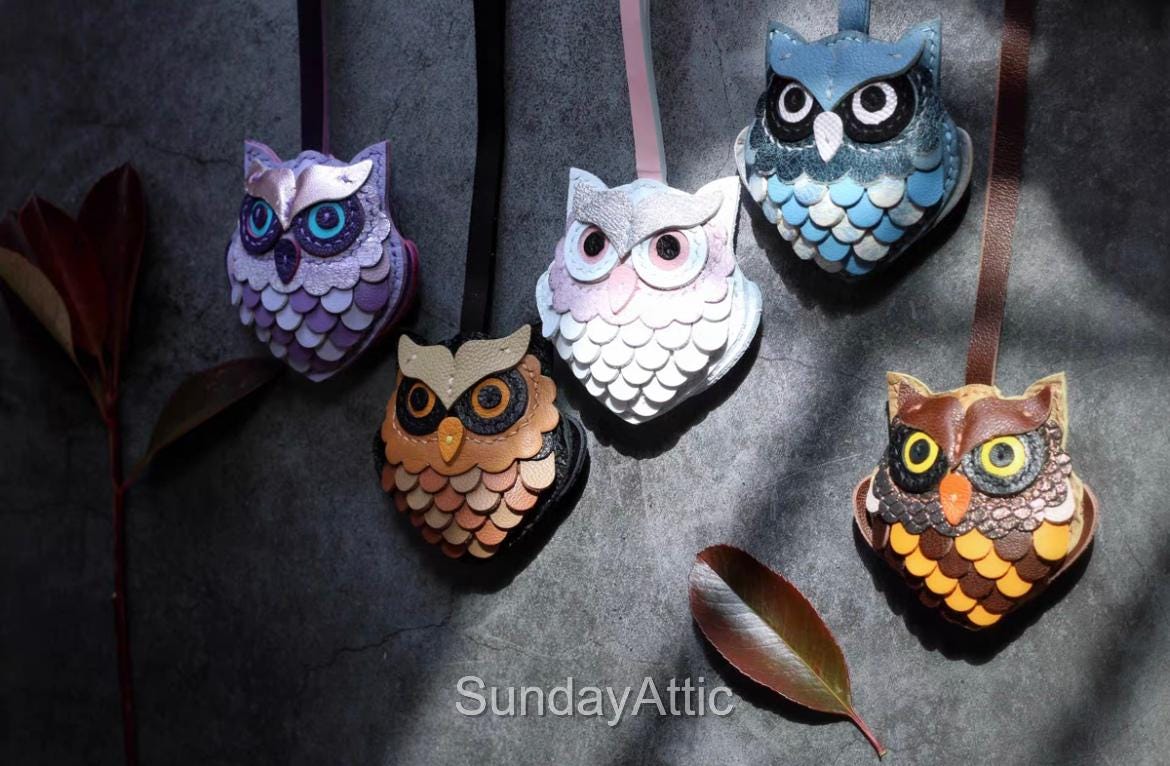 Owl Leather bag Charm Handmade Animal Leather Keychain Cute Gift for Her Custom Color Purse Accessor