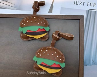 Ciondolo per borsa in pelle a forma di hamburger, ciondolo per borsa in pelle a forma di hamburger fatto a mano, ciondolo per borsa e borsetta, grazioso portachiavi a forma di cibo, regalo in pelle, regalo per lei