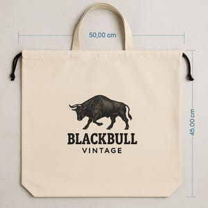 High-quality canvas fabric bag with drawstring – Black screen print – VINTAGE – Sustainable shopping bag, jute bag made of cotton 50 x 45 cm