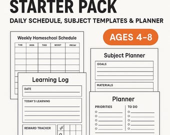May include: Black and white printable homeschool planner for ages 4-8. The planner includes a weekly schedule, subject planner, learning log, and reward tracker.