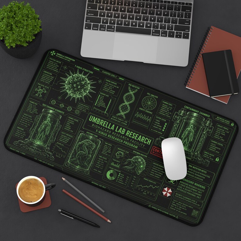 Biohazard Lab Gaming Mouse Pad, Sci Fi Research Desk Mat, Green Virus Lab Desk Pad, Cyberpunk Horror Gamer Mousepad, Tech Gift for Gamers 12" × 22"