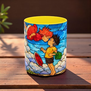 Anime Mug Stained Glass Style, Ghibli Inspired Coffee Mug, Ponyo Aesthetic Anime Cup, Cute Japanese Anime Mug, Anime Lover Gift Yellow