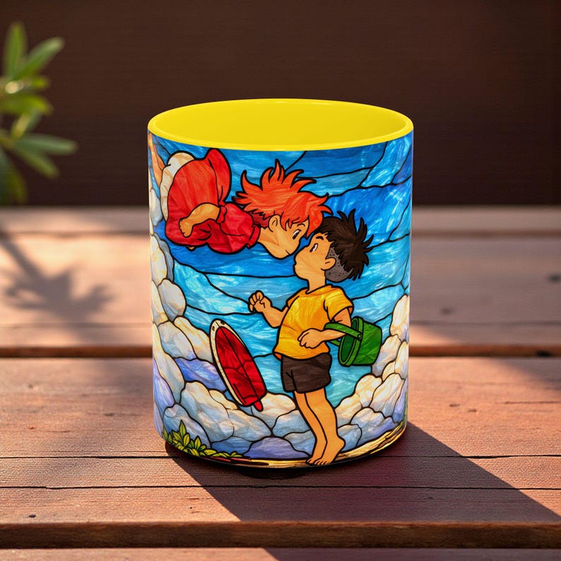 Anime Mug Stained Glass Style, Ghibli Inspired Coffee Mug, Ponyo Aesthetic Anime Cup, Cute Japanese Anime Mug, Anime Lover Gift Yellow