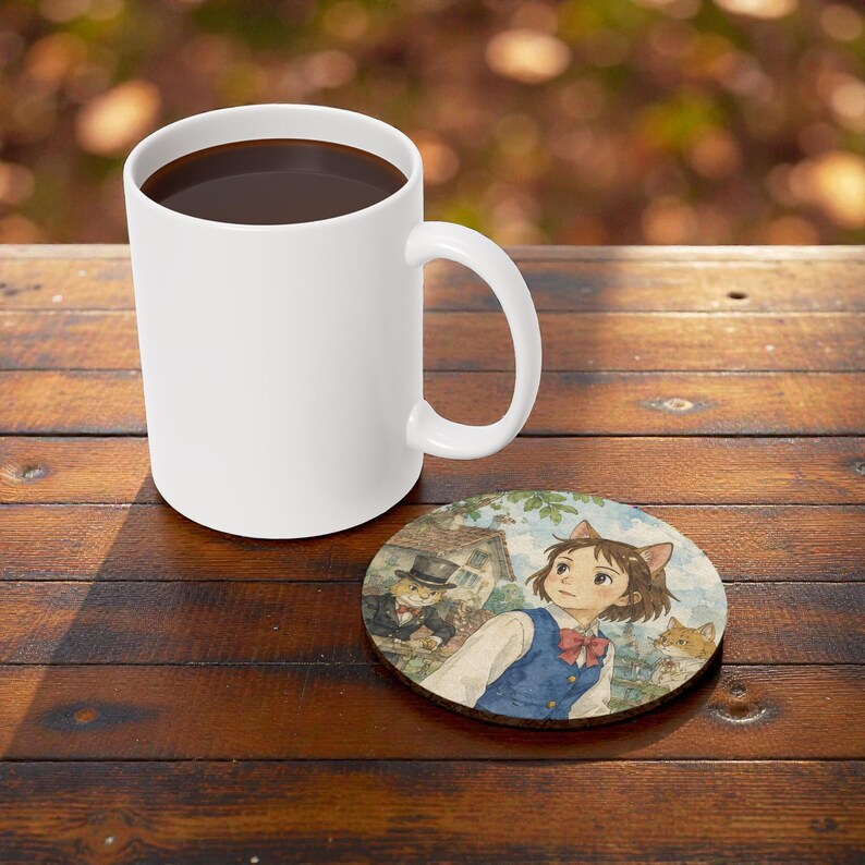 Pu&ograve; includere: Una tazza da caff&egrave; in ceramica bianca piena di liquido scuro &egrave; appoggiata su una superficie di legno accanto a un sottobicchiere rotondo. Il sottobicchiere presenta un'illustrazione ad acquerello di una ragazza con orecchie da gatto, un gatto e una casa.