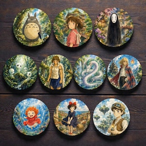 May include: A set of ten round coasters featuring colorful illustrations of characters and scenes from animated films. Each coaster showcases a different design, including a forest scene with a large, furry creature and a girl in a pink dress.