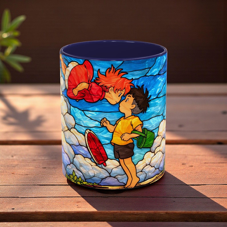 Anime Mug Stained Glass Style, Ghibli Inspired Coffee Mug, Ponyo Aesthetic Anime Cup, Cute Japanese Anime Mug, Anime Lover Gift Navy