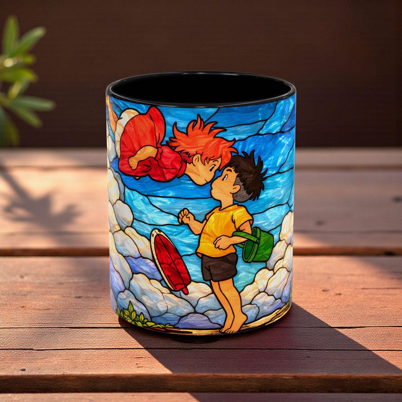 Anime Mug Stained Glass Style, Ghibli Inspired Coffee Mug, Ponyo Aesthetic Anime Cup, Cute Japanese Anime Mug, Anime Lover Gift Black