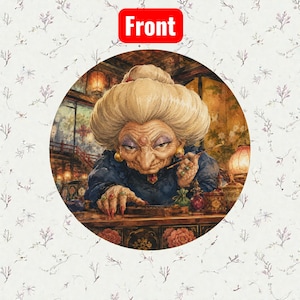 Pu&ograve; includere: Grafica rotonda con un'illustrazione dettagliata di un personaggio con una grande e elaborata acconciatura, che indossa un abito blu scuro e gioielli ornati. Il personaggio tiene in mano un piccolo oggetto. La parola "Front" &egrave; in un rettangolo rosso in alto.