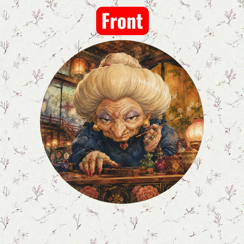 Pu&ograve; includere: Grafica rotonda con un'illustrazione dettagliata di un personaggio con una grande e elaborata acconciatura, che indossa un abito blu scuro e gioielli ornati. Il personaggio tiene in mano un piccolo oggetto. La parola "Front" &egrave; in un rettangolo rosso in alto.