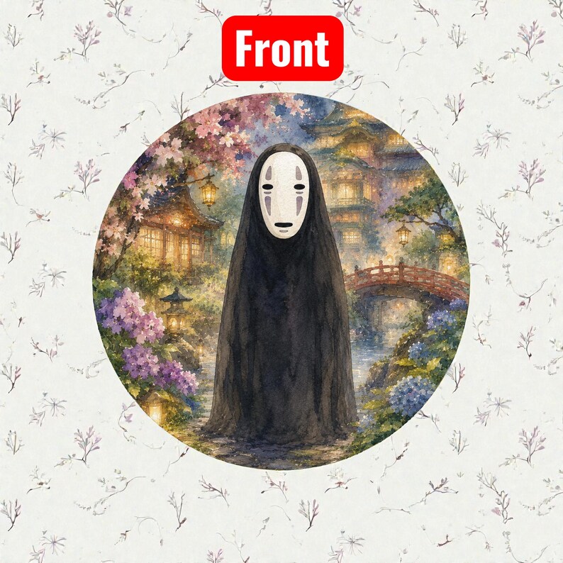 Studio Ghibli Inspired Cork-Back Coaster | Totoro & Spirited Away Art Drink Coaster | Set A No-Face Spirit in Lantern Village / 4" x 4"