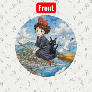 Sottobicchiere con retro in sughero ispirato allo Studio Ghibli | Sottobicchiere con illustrazioni di Totoro e La città incantata | Set B Kiki on Broomstick with Black Cat / 4" x 4"